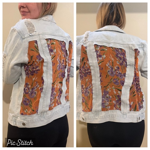 Light Blue Denim Jacket with Floral Panels upcycled size m - Picture 3 of 3
